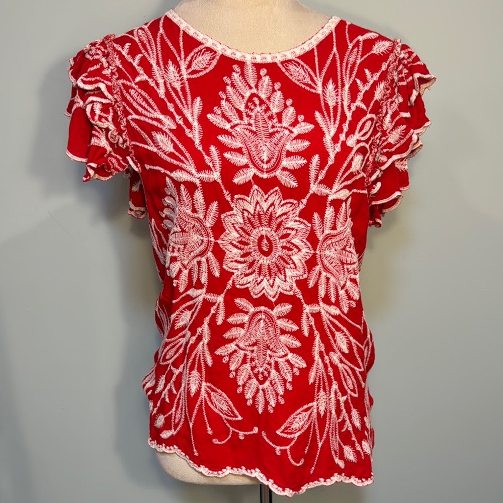 Solitaire red floral embroidered top Size S